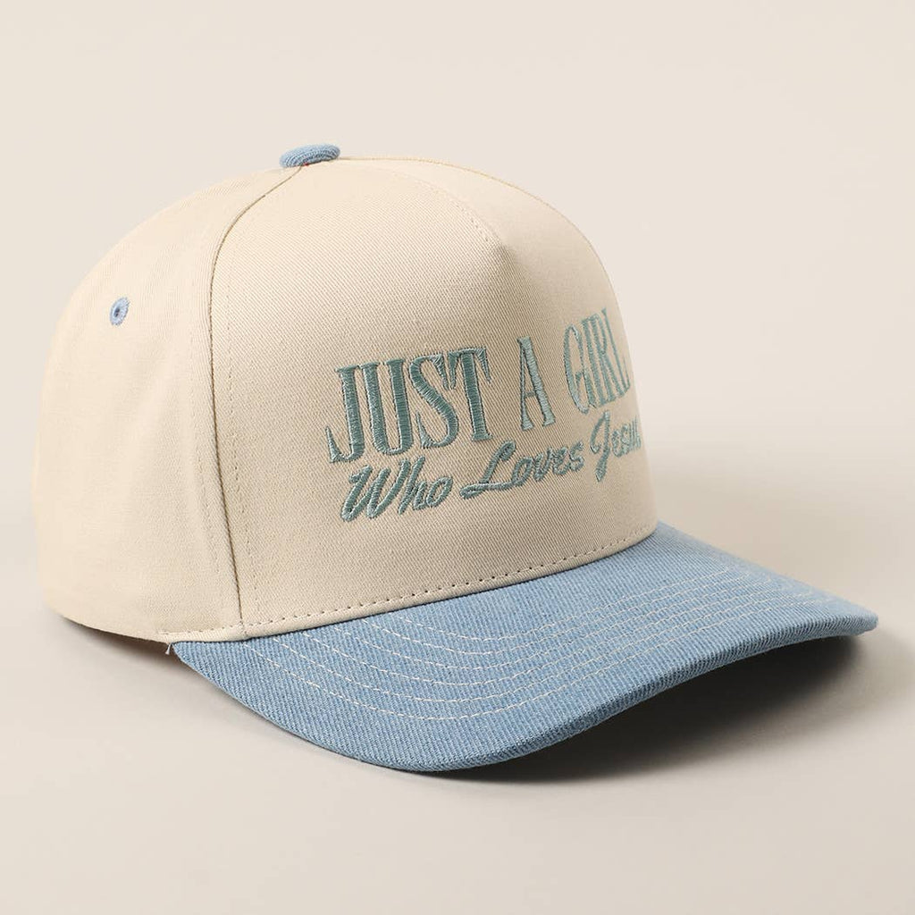 Just A Girl Who Loves Jesus Embroidery Trucker Hat: Light Denim / ONE SIZE - The Edit LLC