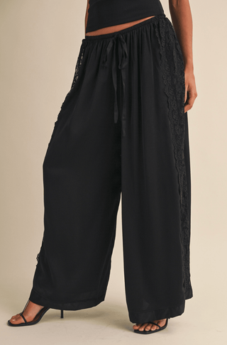 Lace Side Panel Charmeuse Silk Wide Legs Pants - The Edit LLC