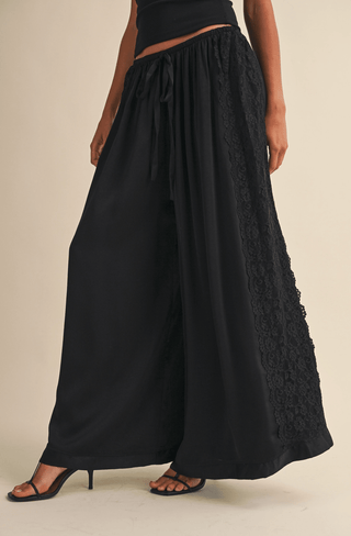 Lace Side Panel Charmeuse Silk Wide Legs Pants - The Edit LLC