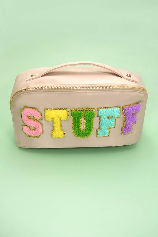 LARGE STUFF OPEN FLAT COSMETIC MAKEUP TRAVEL POUCH | 40P505: Beige - The Edit LLC