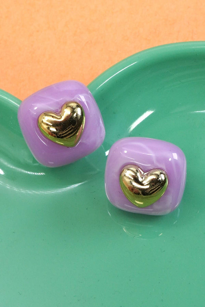Lavender ACRYLIC GOLD HEART STUD EARRINGS - The Edit LLC