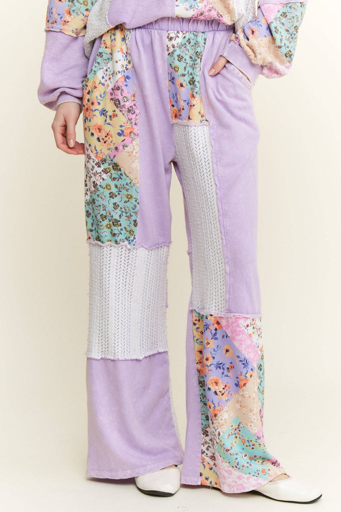 Lavender Mineral Washed Floral WaveKnit Jacquard Boho Pants - The Edit LLC