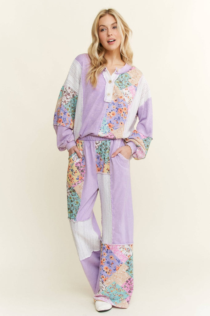 Lavender Mineral Washed Floral WaveKnit Jacquard Boho Pants - The Edit LLC