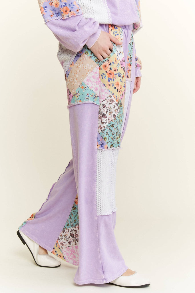 Lavender Mineral Washed Floral WaveKnit Jacquard Boho Pants - The Edit LLC