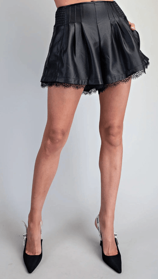 Leather Lace Trim Pleated Shorts - The Edit LLC
