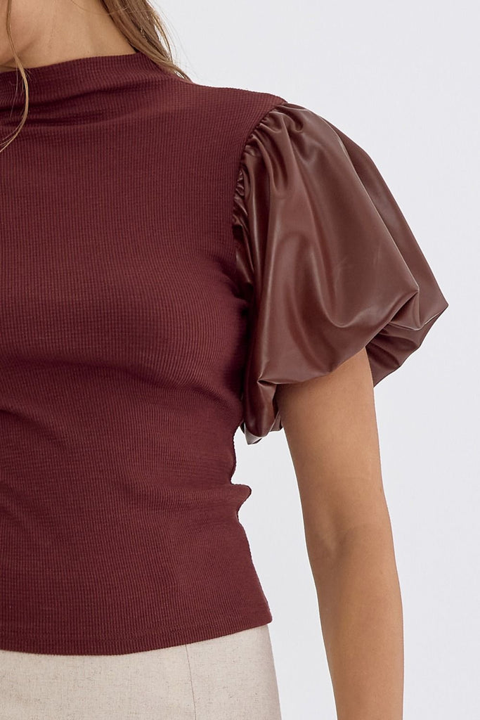 Leather Puff Sleeve Knit - The Edit LLC