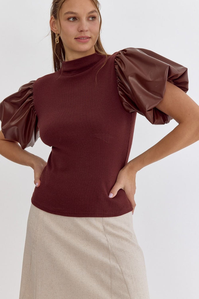 Leather Puff Sleeve Knit - The Edit LLC