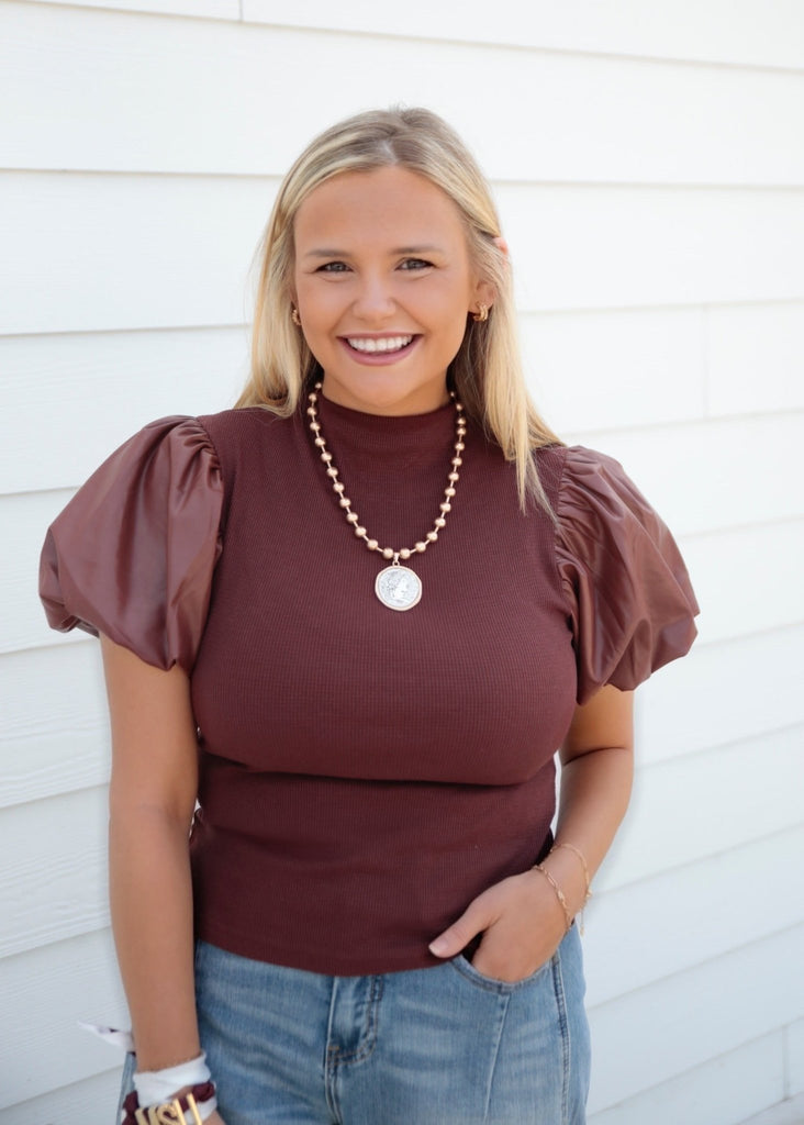 Leather Puff Sleeve Knit - The Edit LLC