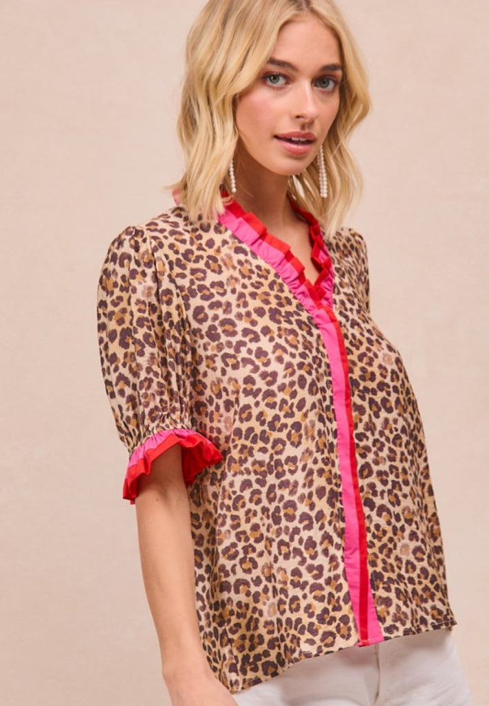 Leopard Blouse Ruffled Contrast Sleeve - The Edit LLC