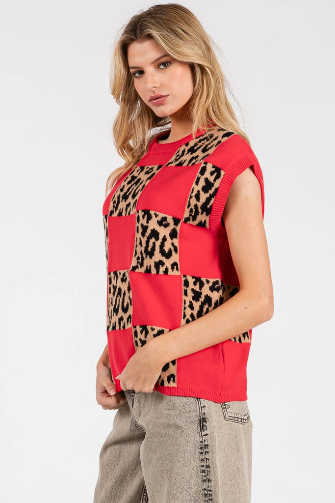 LEOPARD CHECKERED KNIT SWEATER - The Edit LLC