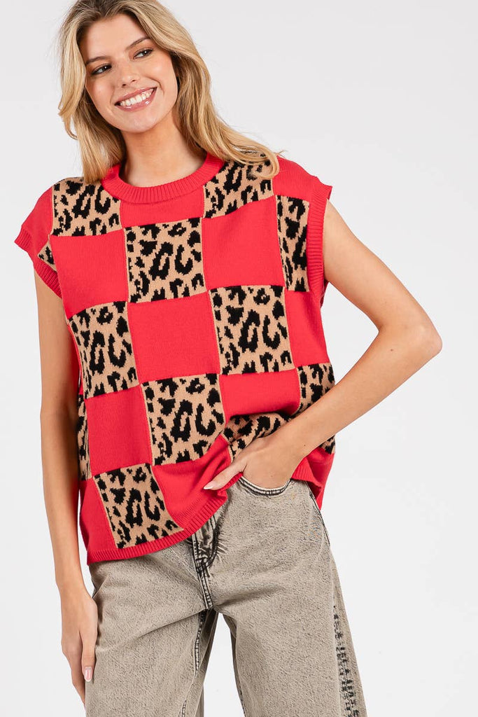LEOPARD CHECKERED KNIT SWEATER - The Edit LLC