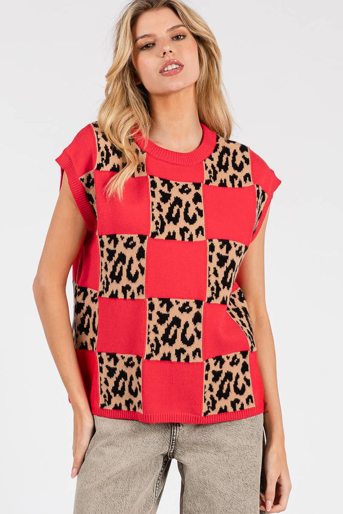 LEOPARD CHECKERED KNIT SWEATER - The Edit LLC