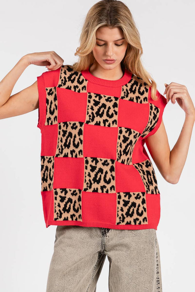 LEOPARD CHECKERED KNIT SWEATER - The Edit LLC