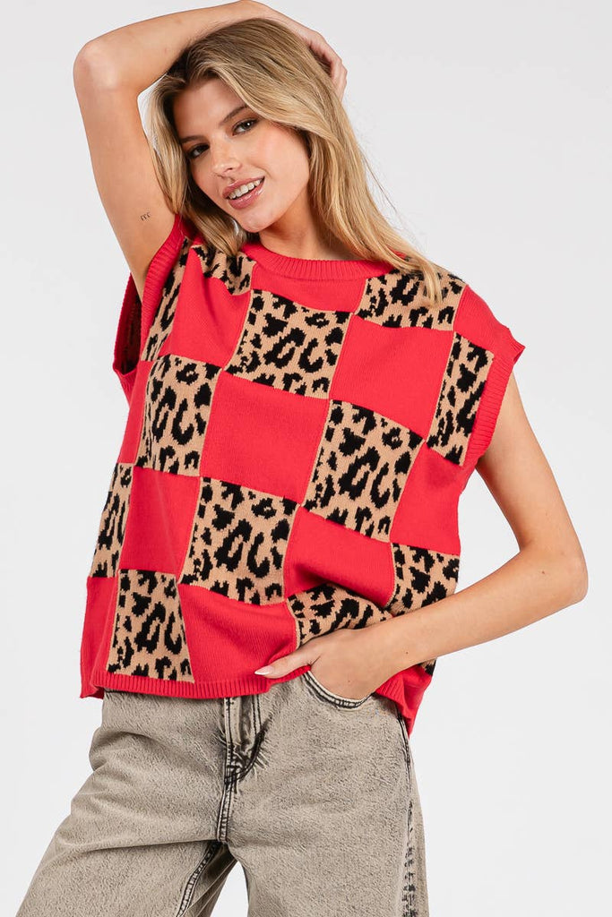 LEOPARD CHECKERED KNIT SWEATER - The Edit LLC