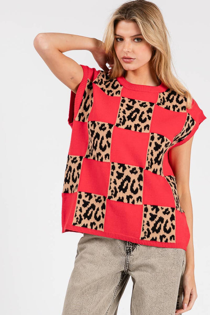 LEOPARD CHECKERED KNIT SWEATER - The Edit LLC
