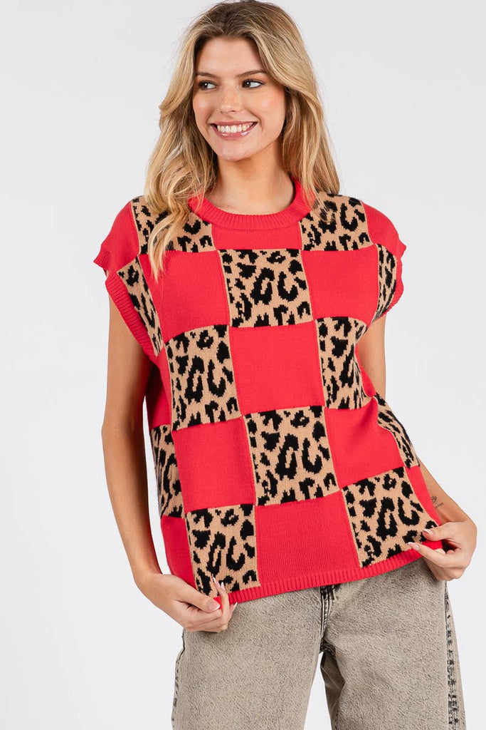 LEOPARD CHECKERED KNIT SWEATER - The Edit LLC