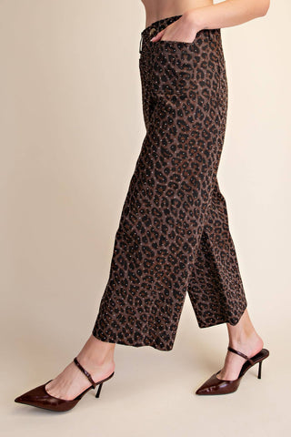 Leopard Colette Cropped Rhinestone Pants: Brown - The Edit LLC