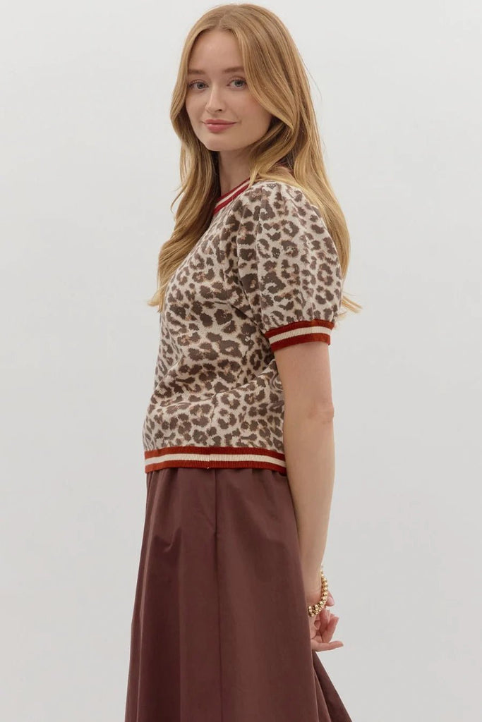 LEOPARD PUFF SLEEVE KNIT TOP W/CONTRAST TRIM - The Edit LLC