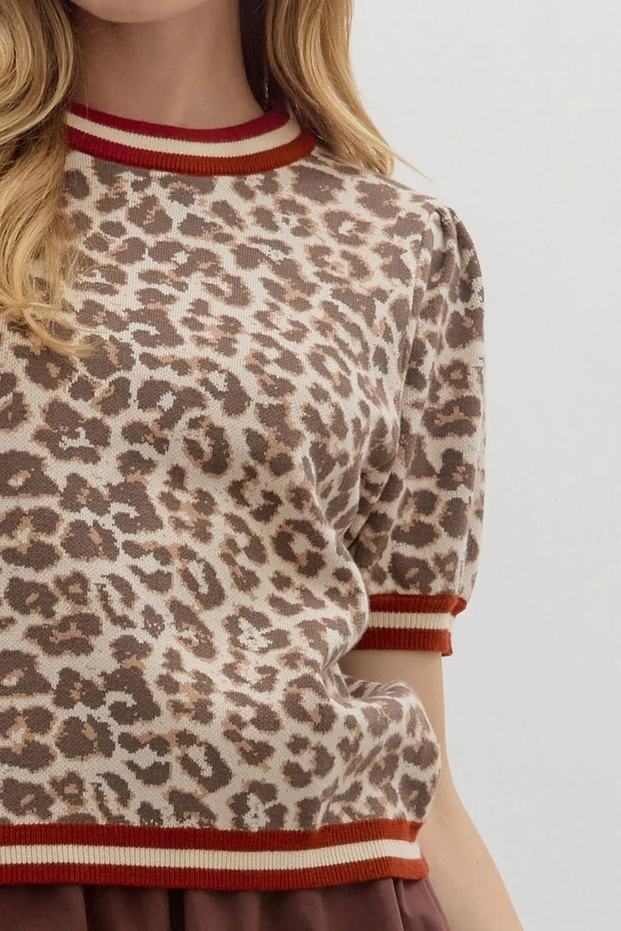LEOPARD PUFF SLEEVE KNIT TOP W/CONTRAST TRIM - The Edit LLC