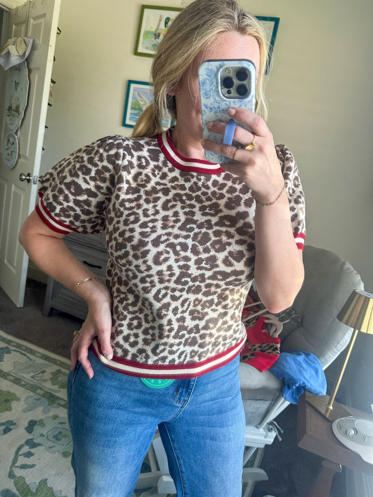 LEOPARD PUFF SLEEVE KNIT TOP W/CONTRAST TRIM - The Edit LLC
