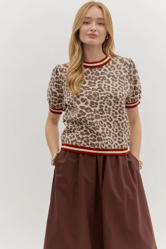 LEOPARD PUFF SLEEVE KNIT TOP W/CONTRAST TRIM - The Edit LLC