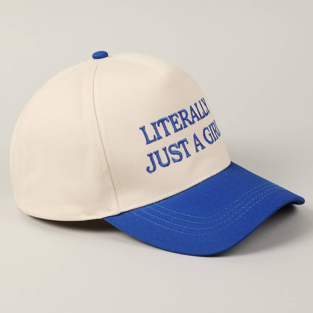 Literally Just A Girl Embroidery Two Tone Trucker Hat: COBALT / ONE SIZE - The Edit LLC