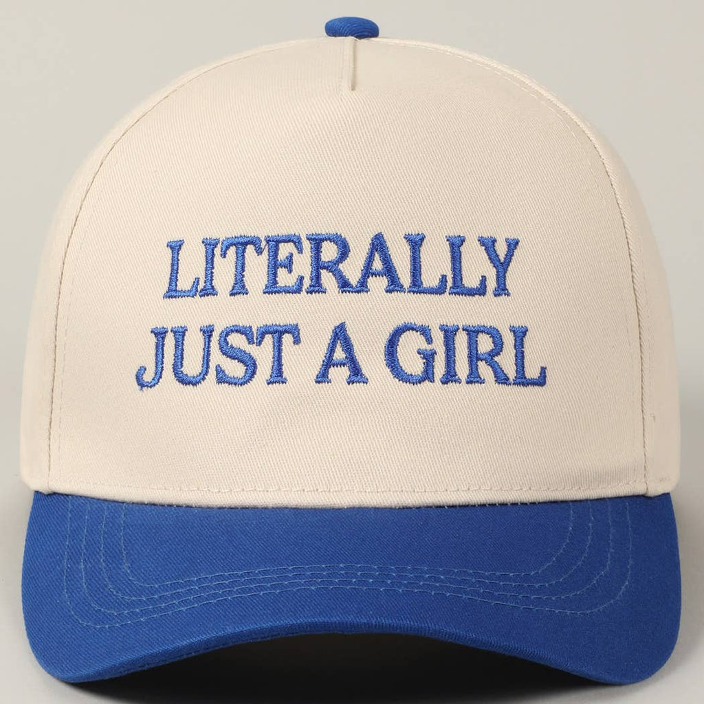 Literally Just A Girl Embroidery Two Tone Trucker Hat: COBALT / ONE SIZE - The Edit LLC