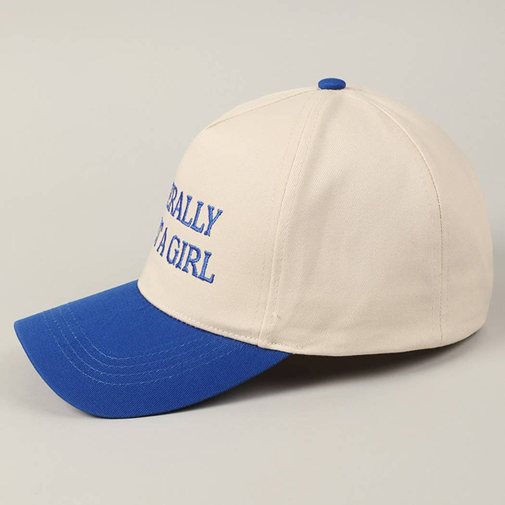 Literally Just A Girl Embroidery Two Tone Trucker Hat: COBALT / ONE SIZE - The Edit LLC