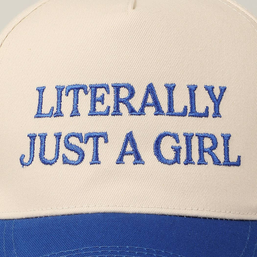 Literally Just A Girl Embroidery Two Tone Trucker Hat: COBALT / ONE SIZE - The Edit LLC