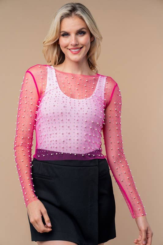 Long Sleeve Metalic Mesh Top: Barbie Pink - The Edit LLC