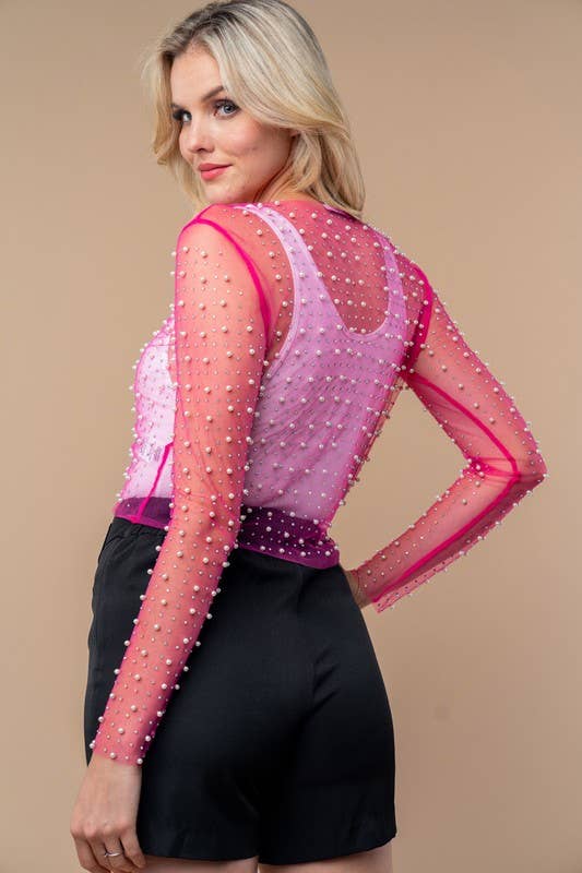 Long Sleeve Metalic Mesh Top: Barbie Pink - The Edit LLC