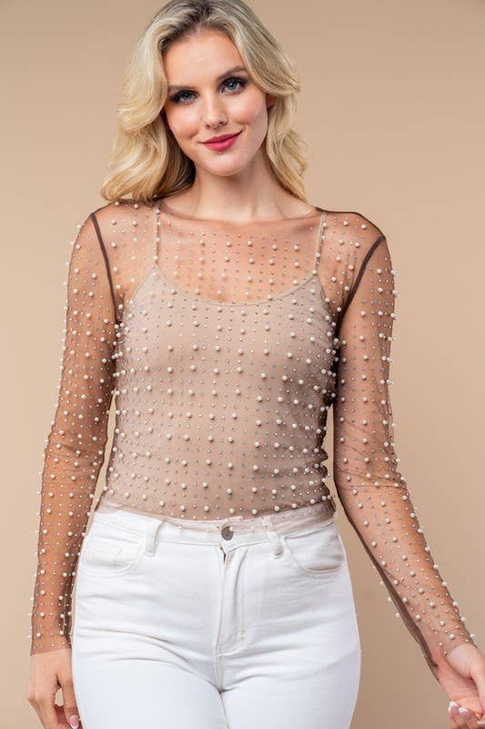 Long Sleeve Metalic Mesh Top: Chocolate Brown - The Edit LLC