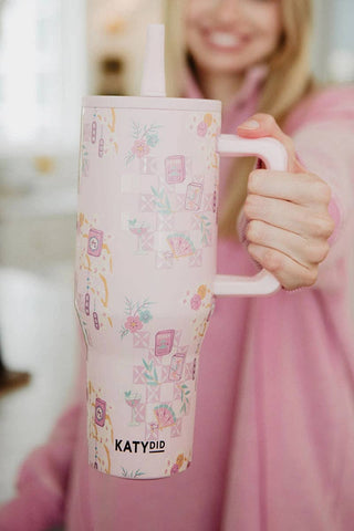 Mahjong Pieces Flip Top Tumbler Cup Wholesale: Light Pink - The Edit LLC