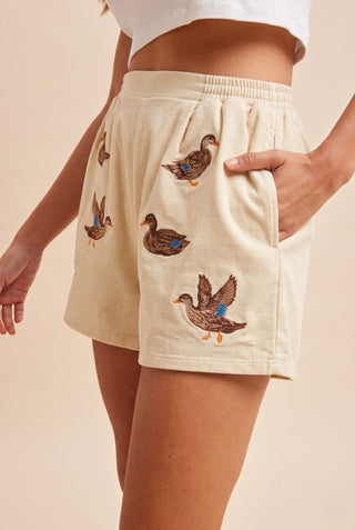 Mallard Duck Embroidery Corduroy Mini Shorts - The Edit LLC