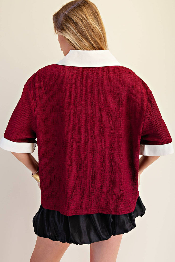 Maroon Collar V - Neck Short Sleeve Top - The Edit LLC