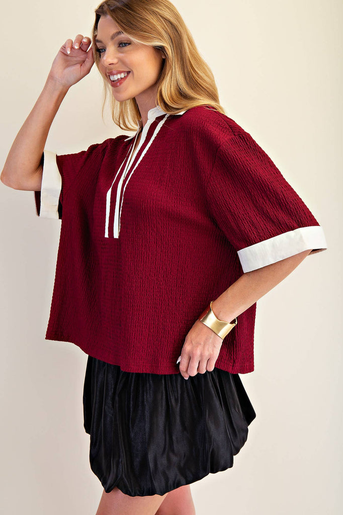 Maroon Collar V - Neck Short Sleeve Top - The Edit LLC