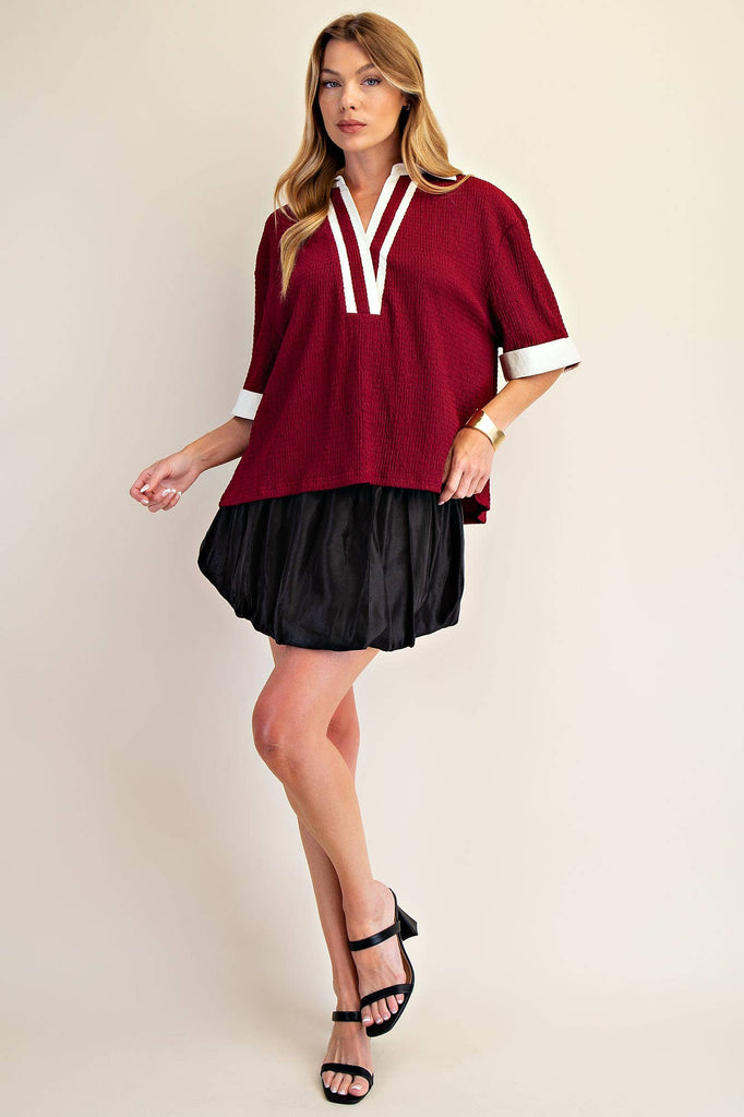 Maroon Collar V - Neck Short Sleeve Top - The Edit LLC