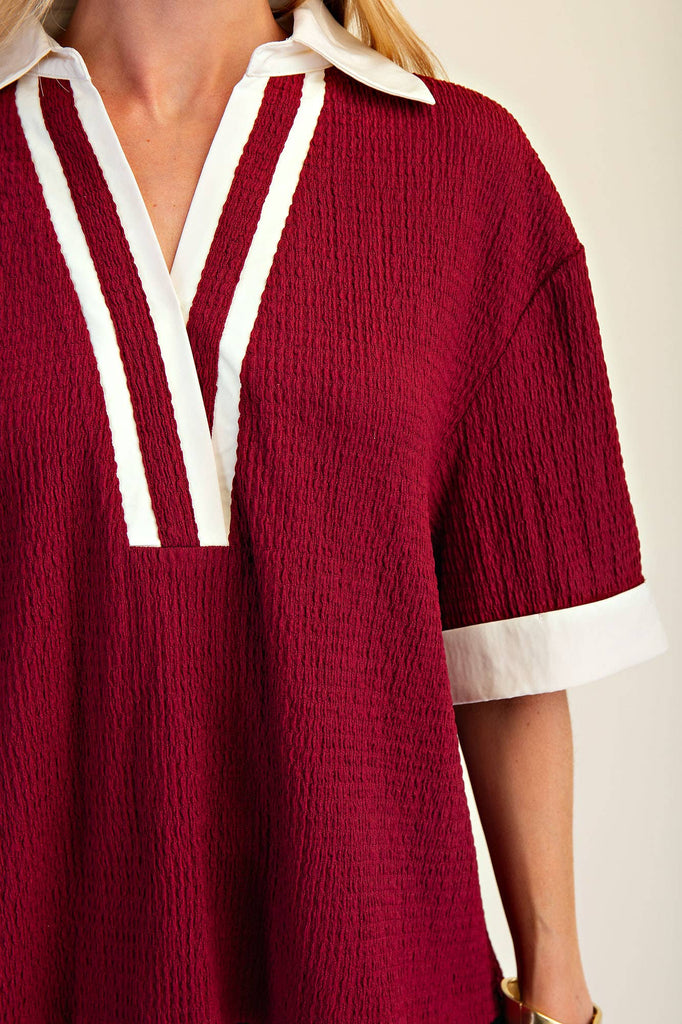 Maroon Collar V - Neck Short Sleeve Top - The Edit LLC