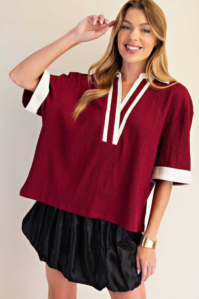 Maroon Collar V - Neck Short Sleeve Top - The Edit LLC