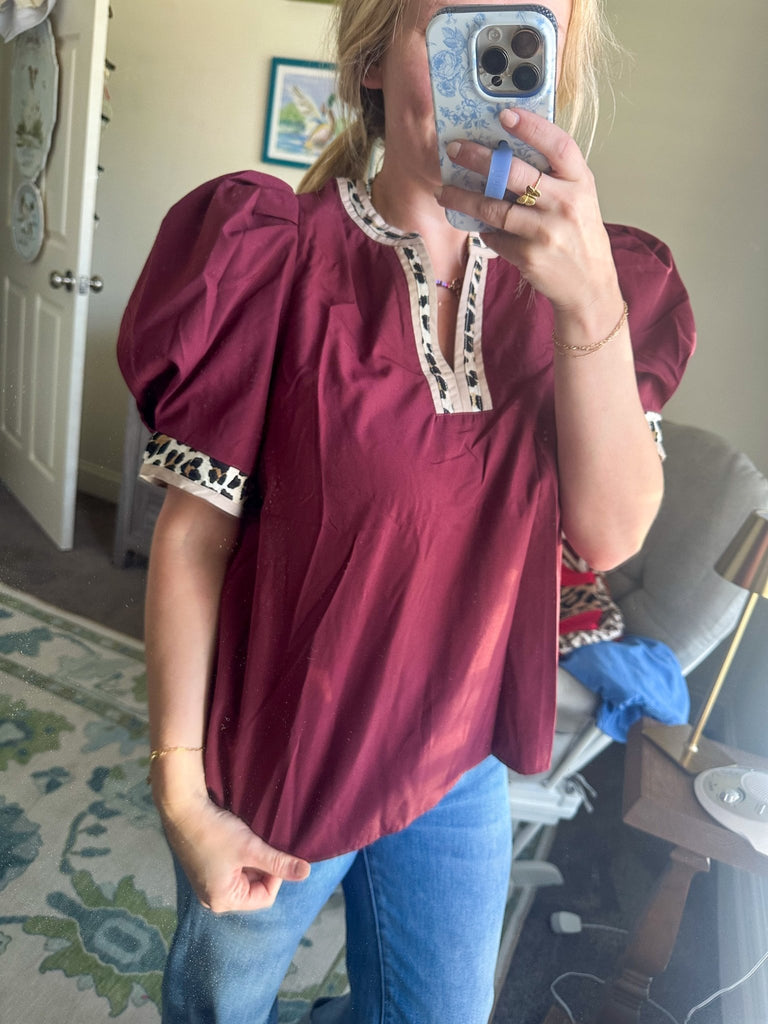 Maroon & Leopard Blouse - The Edit LLC