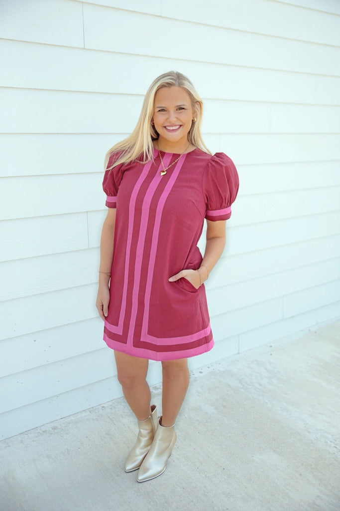 Maroon/Pink Geo Dress - The Edit LLC