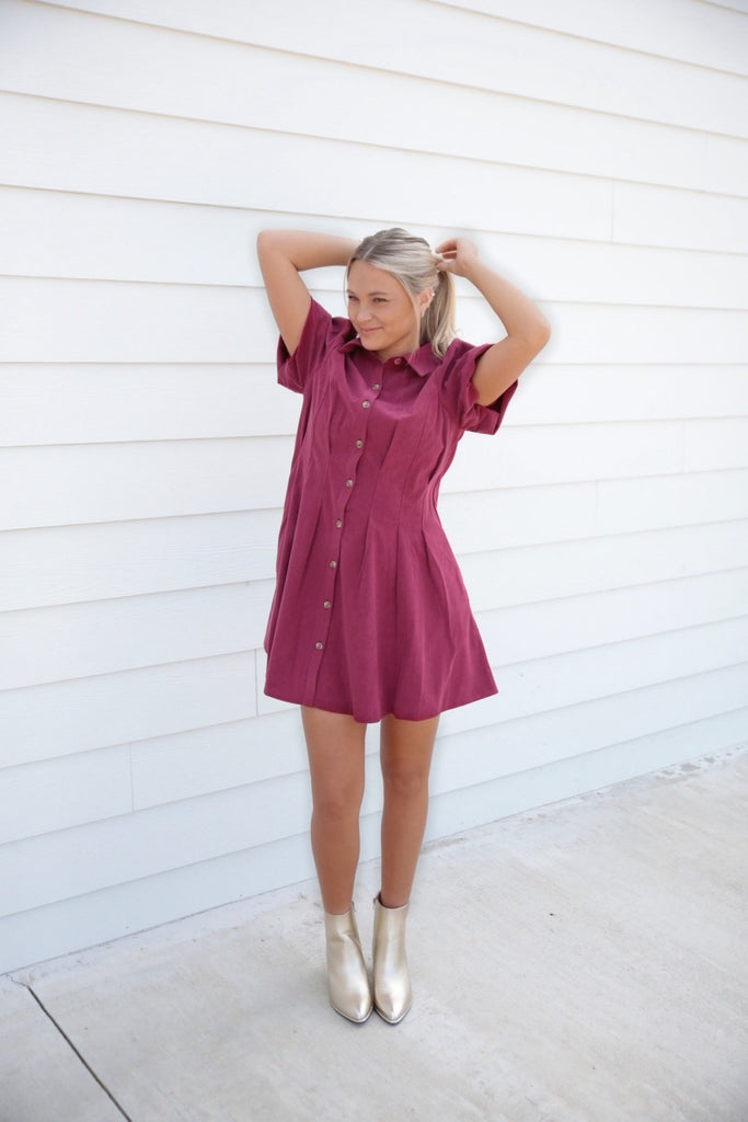 Mary Square Plum Corded Dress - The Edit LLC
