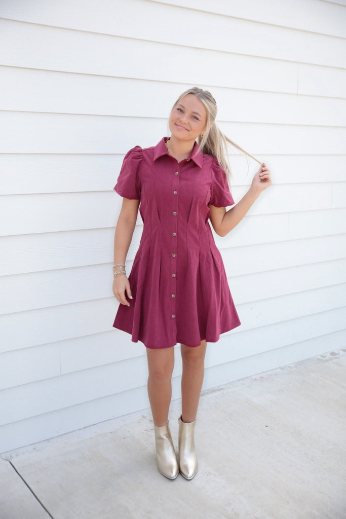 Mary Square Plum Corded Dress - The Edit LLC