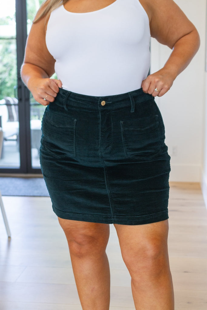 Melinda Corduroy Patch Pocket Skirt in Emerald - The Edit LLC