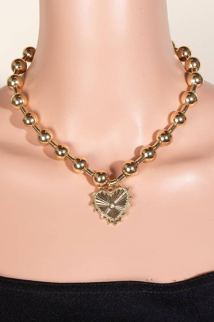 Metallic Ball Bead Heart Pendant Necklace: GD - The Edit LLC