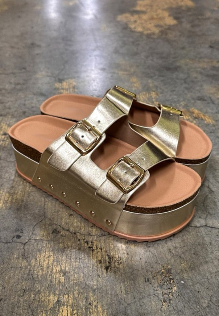 Metallic Platform Double Strap Buckle Sandals with Cork Sole-Gold - The Edit LLC