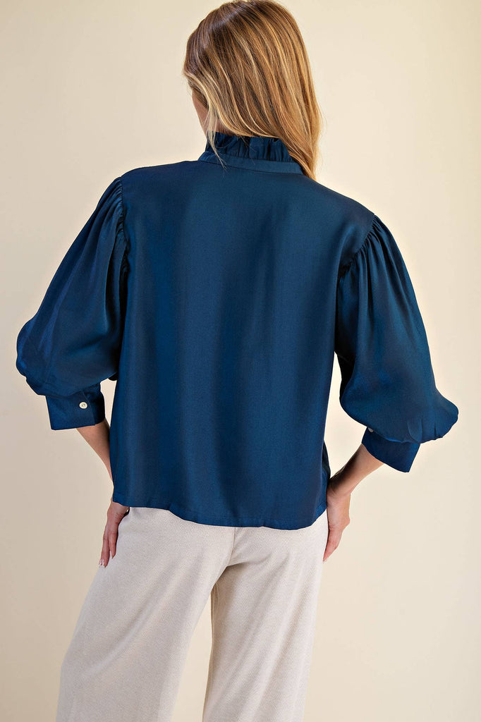 Midnight Ruffle Neck Puff Sleeve Blouse - The Edit LLC
