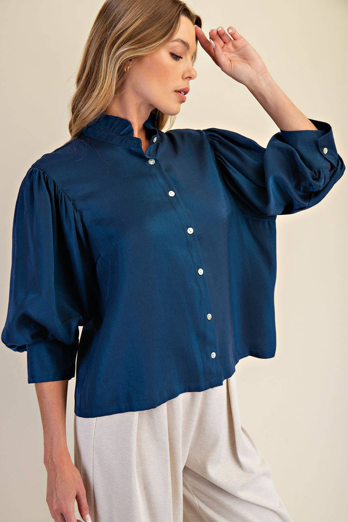 Midnight Ruffle Neck Puff Sleeve Blouse - The Edit LLC
