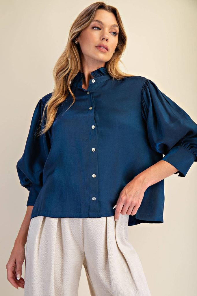 Midnight Ruffle Neck Puff Sleeve Blouse - The Edit LLC