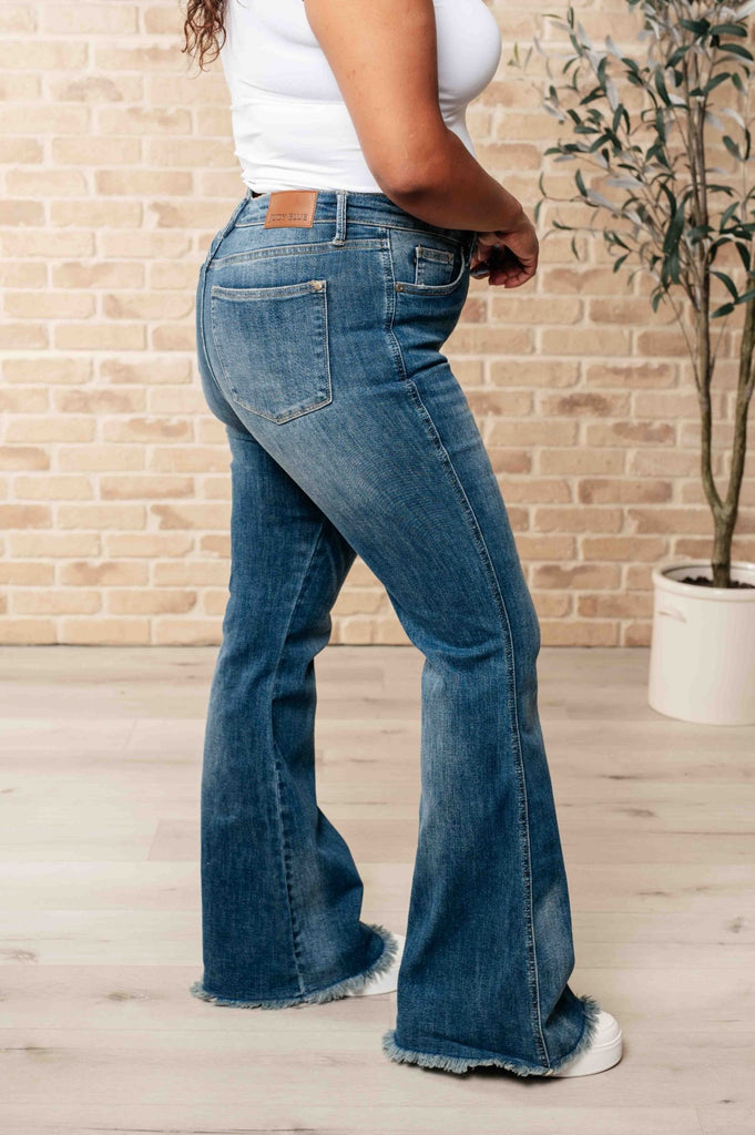 Miley High Waist Control Top Frayed Hem Flare Jeans - The Edit LLC